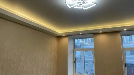 Двух уровневый потолок Гипрок + натяжной с подсветкой Объект на Большой московской